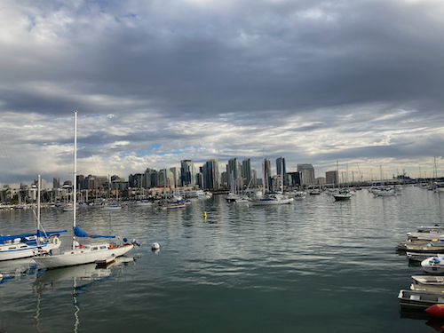 image of downtown area of San Diego viewed from Harbor drive with sailboats on the waterfront